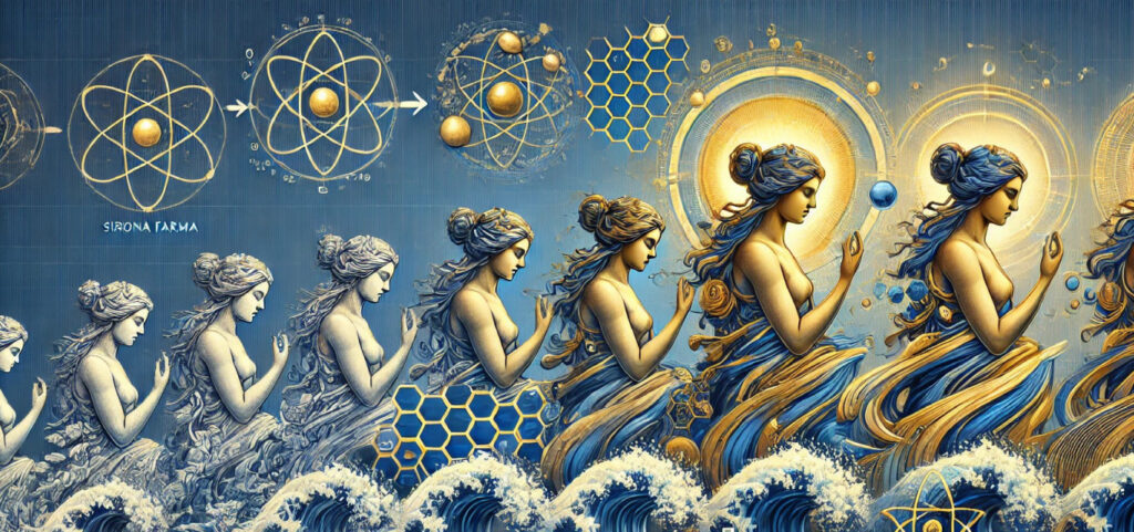 Ilustración inspirada en la diosa celta Sirona, representando la conexión entre la sanación, el agua y la ciencia, valores clave de Sirona Farma