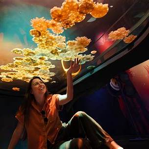 Mujer joven observa con asombro un techo transparente lleno de medusas invertidas en una exhibición interactiva de SeaWorld San Diego.
