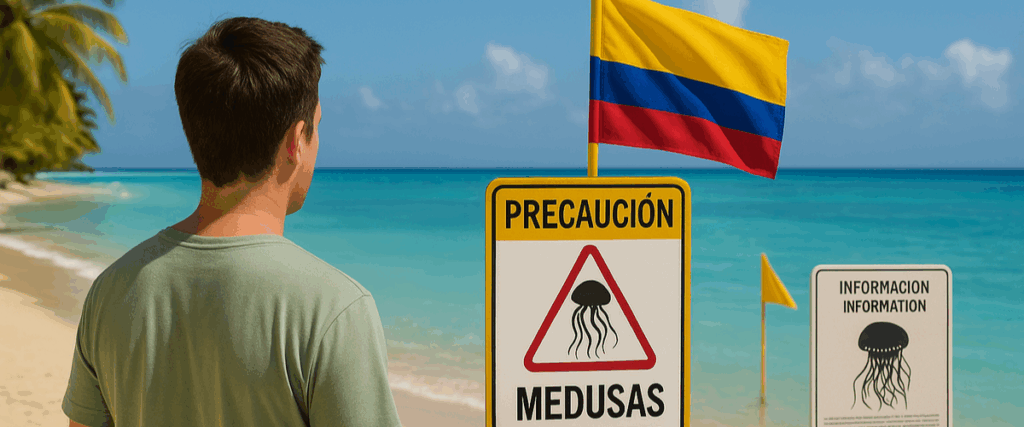 Hombre observa señal de advertencia sobre presencia de medusas en playa colombiana, con bandera nacional ondeando al fondo y mar turquesa visible.