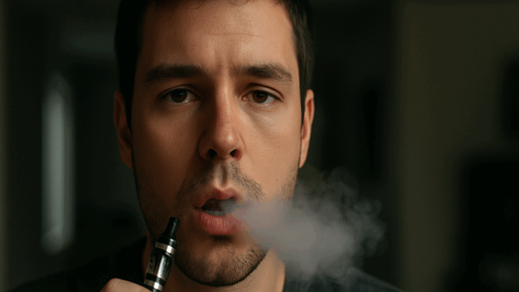 Primer plano realista del rostro de un joven exhalando vapor de cigarrillo electrónico con la boca entreabierta, en un entorno urbano desenfocado, simbolizando el impacto del vapeo en la salud oral.